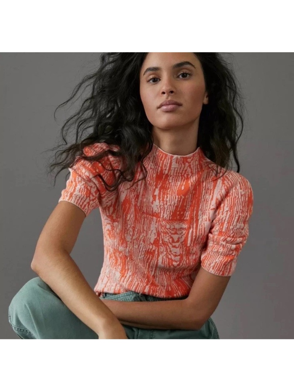 Anthropologie Maeve Bosca Tee Coral-Print Short Sleeve Mock Neck Top Size M New